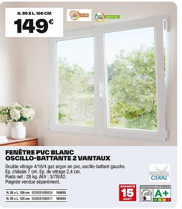 FENÊTRE PVC BLANC OSCILLO-BATTANTE 2 VANTAUX
