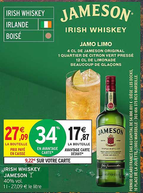 JAMESON IRISH WHISKEY 34% EN AVANTAGE CARTE