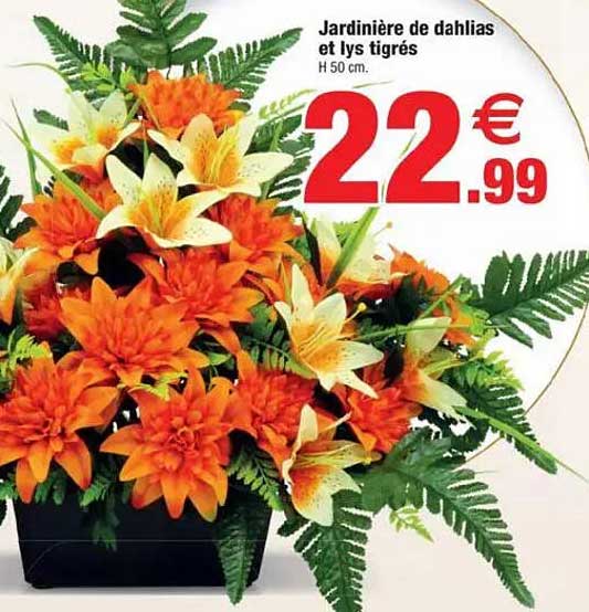 Jardinière de dahlias et lys tigrés H 50 cm.