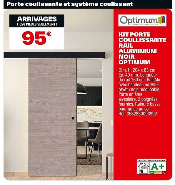 KIT PORTE COULISSANTE RAIL ALUMINIUM NOIR OPTIMUM