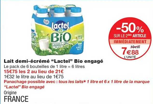 Lait demi-écrémé "Lactel" Bio engagé
