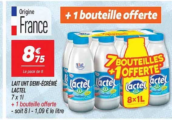 Lait UHT Demi-Écrémé Lactel 7 x 1L + 1 Bouteille Offerte