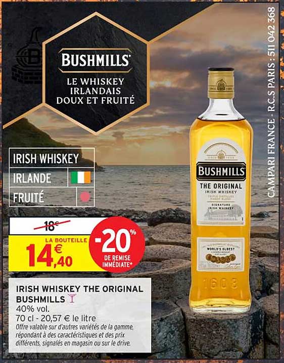 Le Whiskey Irlandais Bushmills - 20% de remise immédiate