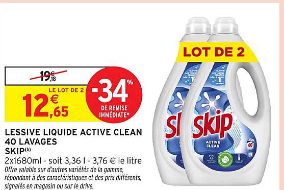LESSIVE LIQUIDE ACTIVE CLEAN 40 LAVAGES SKIP