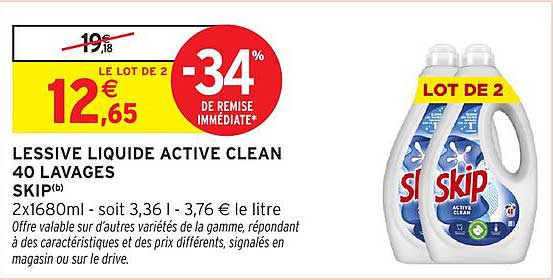 LESSIVE LIQUIDE ACTIVE CLEAN 40 LAVAGES