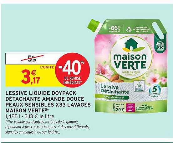 LESSIVE LIQUIDE DOYPACK DÉTACHANTE AMANDE DOUCE PEAUX SENSIBLES X33 LAVAGES MAISON VERTE