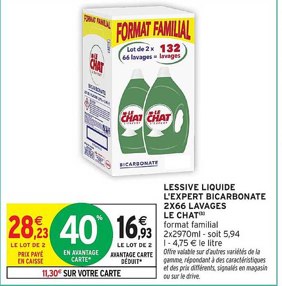 LESSIVE LIQUIDE L'EXPERT BICARBONATE 2X66 LAVAGES LE CHAT