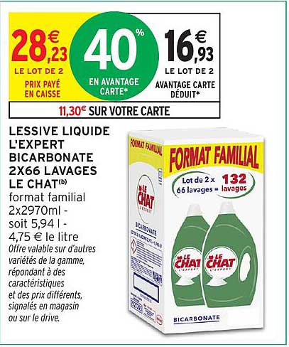 LESSIVE LIQUIDE L'EXPERT BICARBONATE 2X66 LAVAGES LE CHAT®