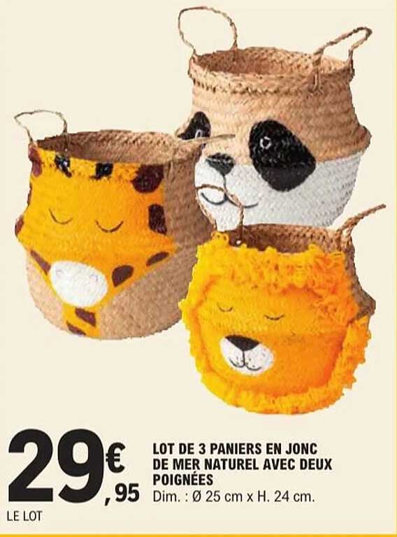 LOT DE 3 PANIERS EN JONC DE MER NATUREL AVEC DEUX POIGNÉES