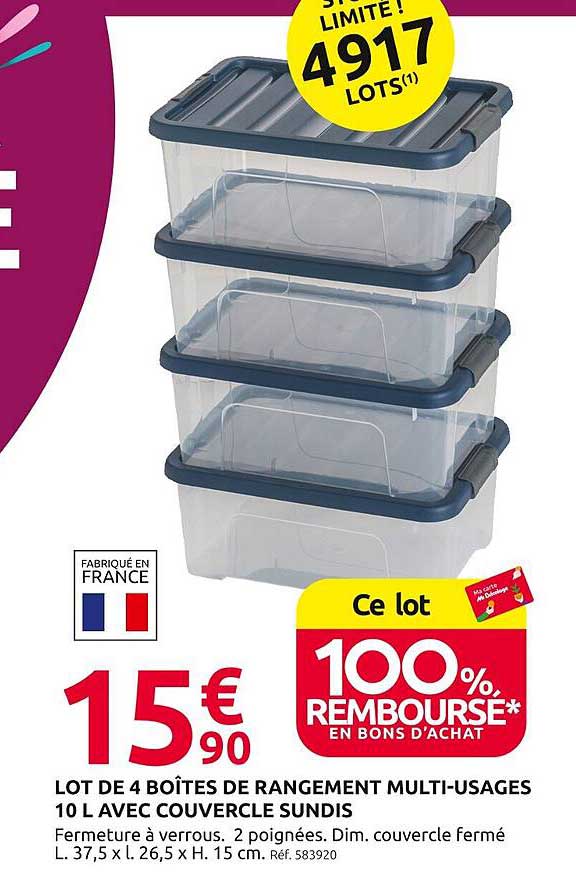 LOT DE 4 BOÎTES DE RANGEMENT MULTI-USAGES 10 L AVEC COUVERCLE SUNDIS