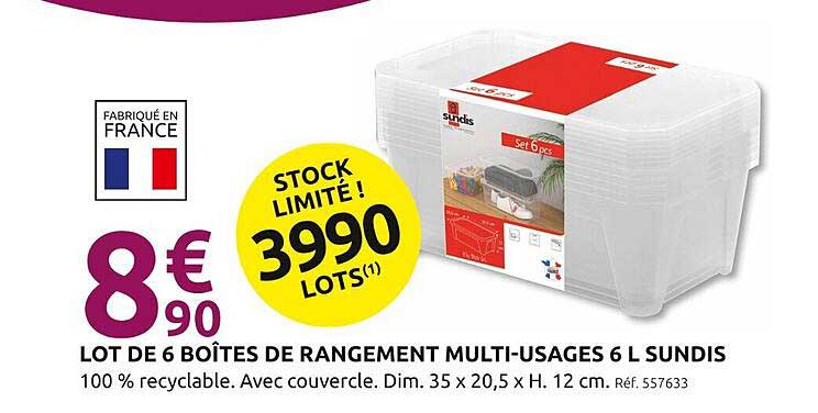 LOT DE 6 BOÎTES DE RANGEMENT MULTI-USAGES 6 L SUNDIS