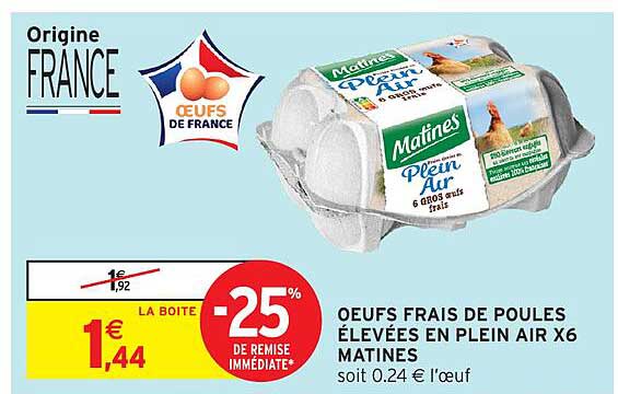 Œufs frais de poules élevées en plein air X6 Matines