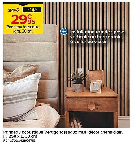 Panneau acoustique Vertigo tasseaux MDF décor chêne clair, H. 250 x L. 30 cm