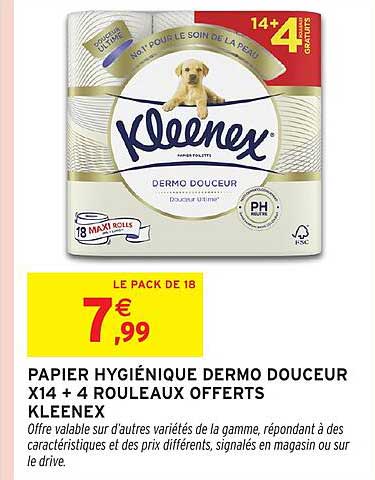 PAPIER HYGIÉNIQUE DERMO DOUCEUR X14 + 4 ROUEAUX OFFERTS KLEENEX