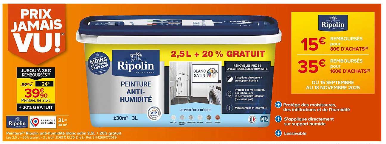 PEINTURE ANTI-HUMIDITÉ RIPOLIN 2,5 L + 20 % GRATUIT