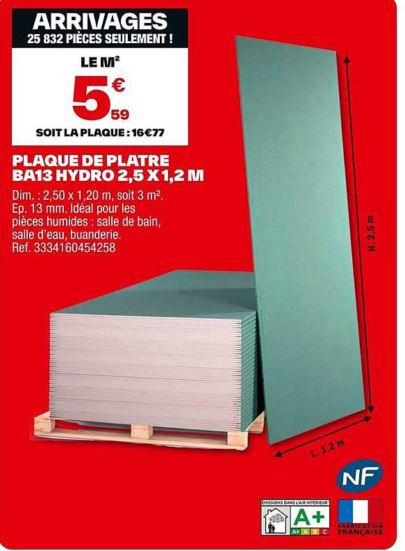 PLAQUE DE PLATRE BA13 HYDRO 2,5 X 1,2 M