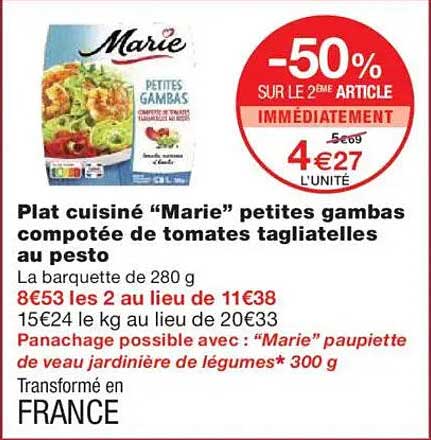 Plat cuisiné “Marie” petites gambas compotée de tomates tagliatelles au pesto