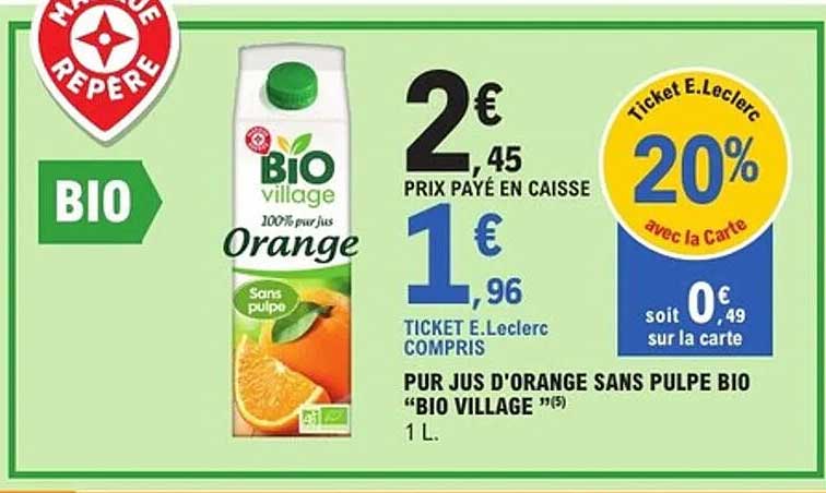 PUR JUS D'ORANGE SANS PULPE BIO "BIO VILLAGE" 1 L