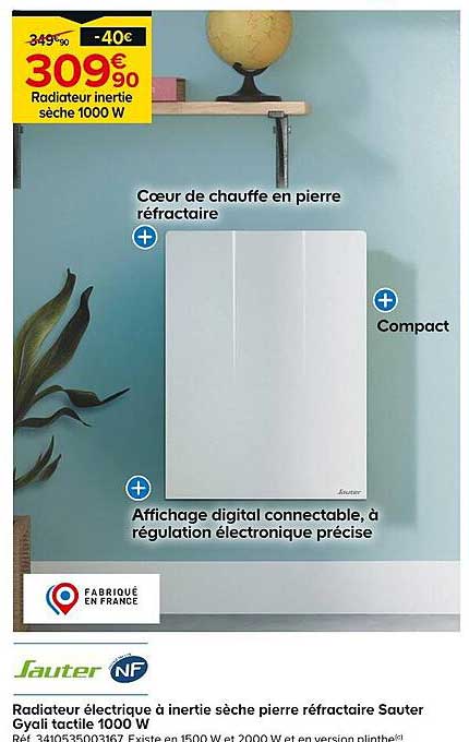 Radiateur électrique à inertie sèche pierre réfractaire Sauter Gyali tactile 1000 W