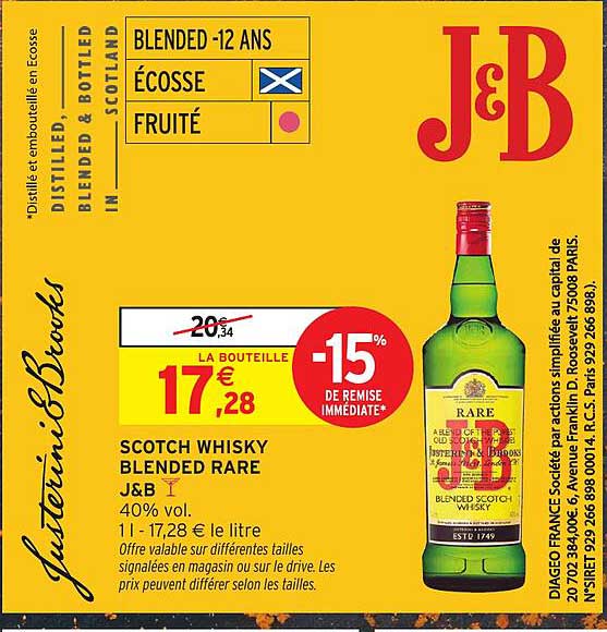 SCOTCH WHISKY BLENDED RARE J&B -15% DE REMISE IMMEDIATE