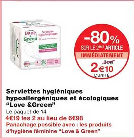 Serviettes hygiéniques hypoallergéniques et écologiques 'Love & Green'