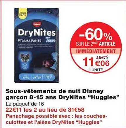 Sous-vêtements de nuit Disney garçon 8-15 ans DryNites “Huggies”
