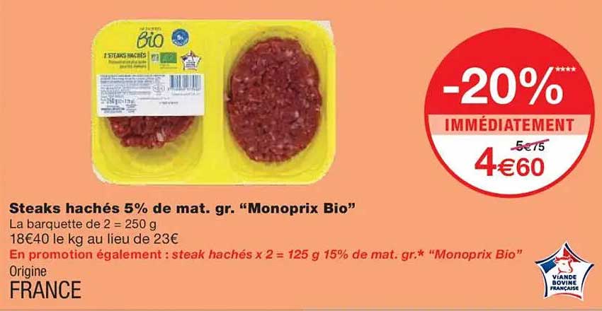 Steaks hachés 5% de mat. gr. "Monoprix Bio"
