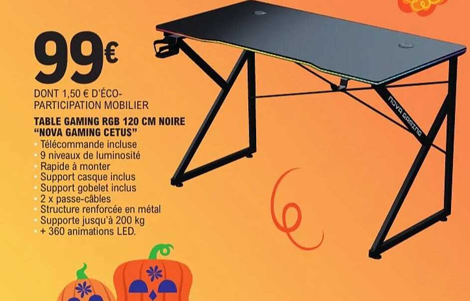 TABLE GAMING RGB 120 CM NOIRE "NOVA GAMING CETUS"
