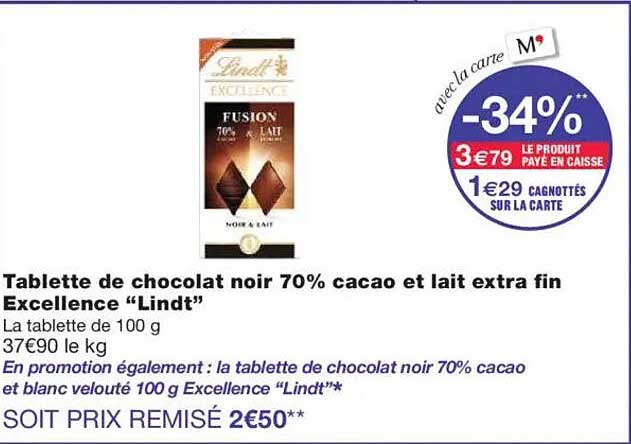Tablette de chocolat noir 70% cacao et lait extra fin Excellence "Lindt"