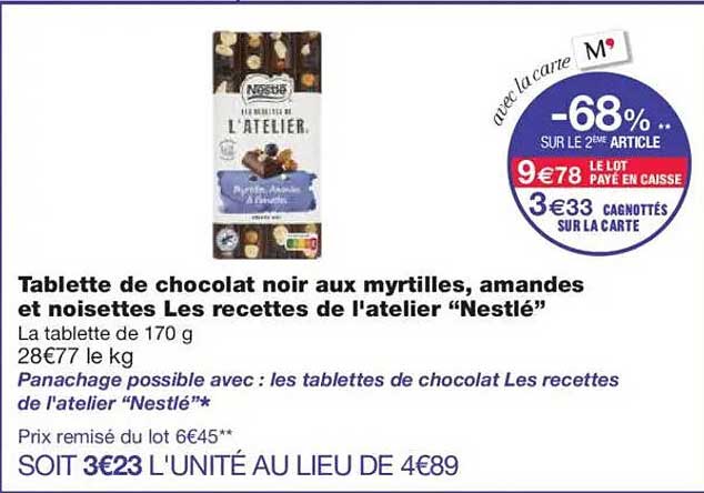 Tablette de chocolat noir aux myrtilles, amandes et noisettes Les recettes de l'atelier “Nestlé”
