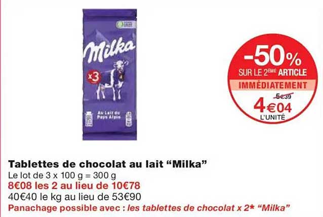 Tablettes de chocolat au lait “Milka”