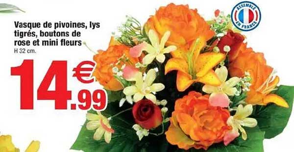 Vasque de pivoines, lys tigrés, boutons de rose et mini fleurs