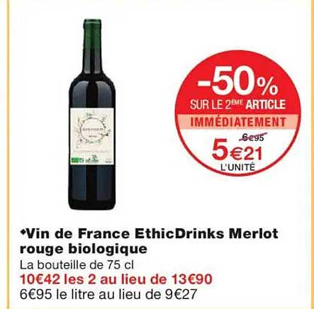 Vin de France EthicDrinks Merlot rouge biologique