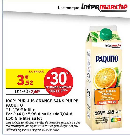 100% PUR JUS ORANGE SANS PULPE PAQUITO