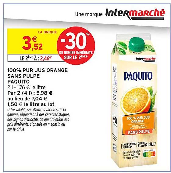 100% PUR JUS ORANGE SANS PULPE PAQUITO