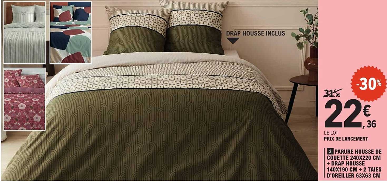 3 PARURE HOUSSE DE COUETTE 240X220 CM + DRAP HOUSSE 140X190 CM + 2 TAIES D'OREILLER 63X63 CM