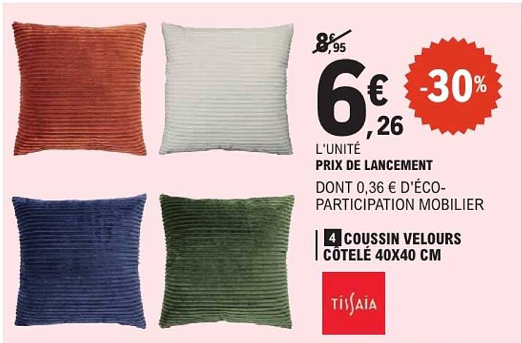4 COUSSIN VELOURS CÔTELÉ 40X40 CM