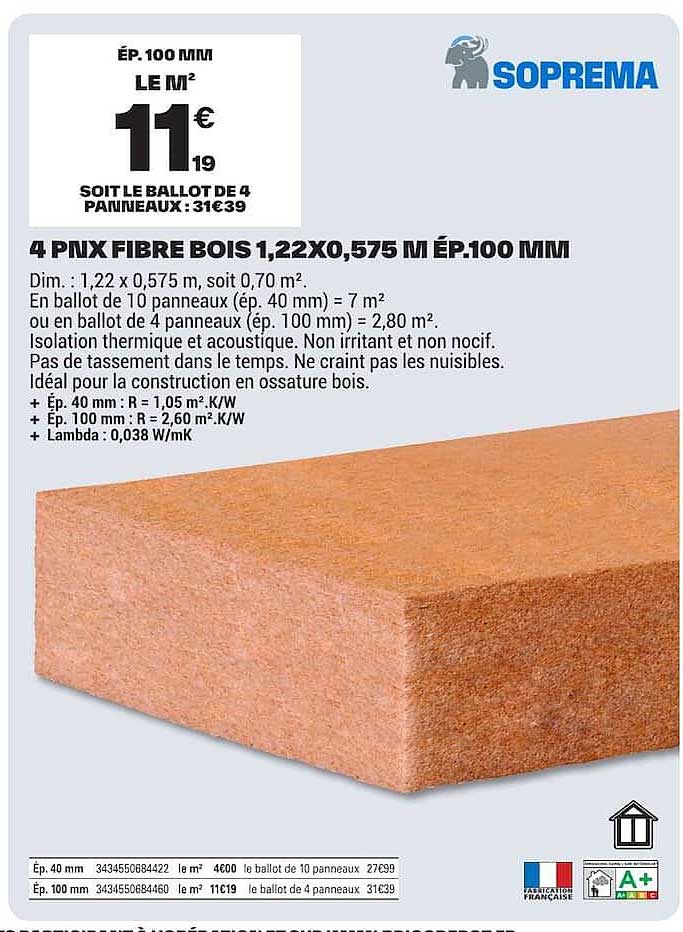 4 PNX FIBRE BOIS 1,22X0,575 M ÉP.100 MM