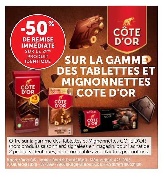 -50% DE REMISE IMMÉDIATE SUR LE 2ÈME PRODUIT IDENTIQUE SUR LA GAMME DES TABLETTES ET MIGNONNETTES COTE D'OR