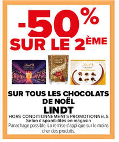 -50% SUR LE 2ÈME SUR TOUS LES CHOCOLATS DE NOËL LINDT