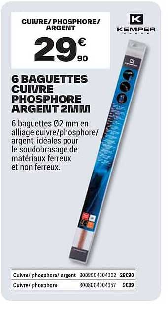 6 BAGUETTES CUIVRE PHOSPHORE ARGENT 2MM