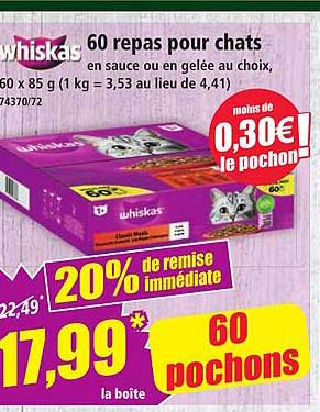 60 repas pour chats en sauce ou en gelée au choix, 3 x 20 x 85 g (1 kg = 3,53 au lieu de 4,41)