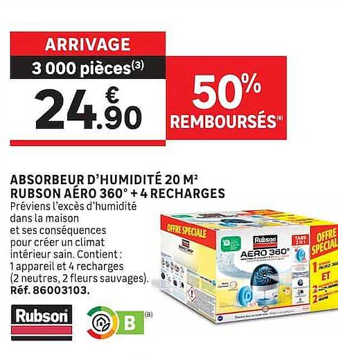 ABSORBEUR D'HUMIDITÉ 20 M² RUBSON AÉRO 360° + 4 RECHARGES