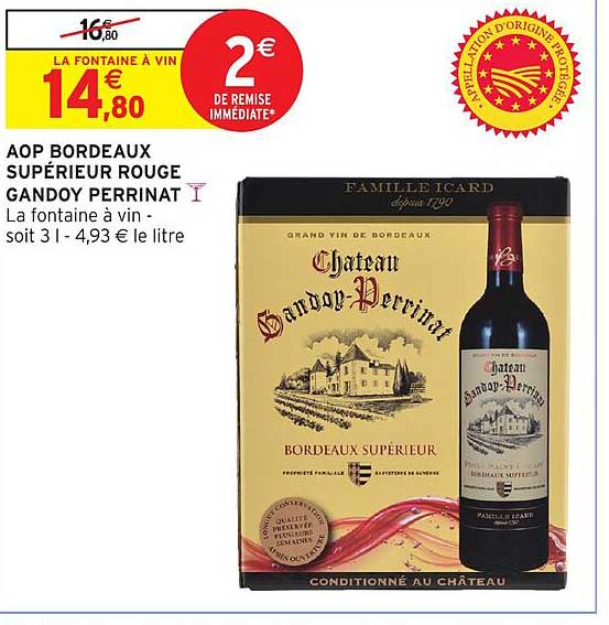 AOP BORDEAUX SUPÉRIEUR ROUGE GANDOY PERRINAT La fontaine a vin - soit 3 l - 4,93 € le litre