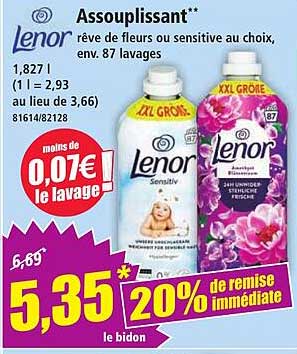 Assouplissant** Lenor rêve de fleurs ou sensitive au choix, env. 87 lavages