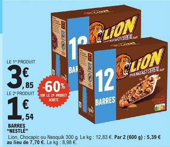 BARRES “NESTLÉ” Lion, Chocapic ou Nesquik 300 g