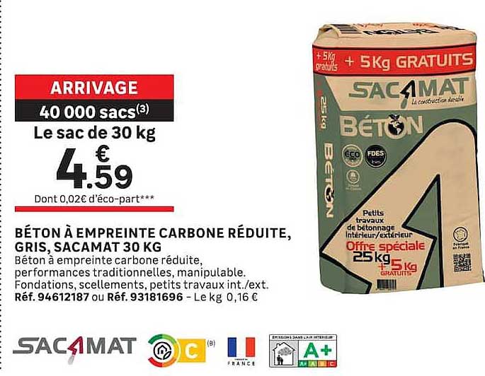 BÉTON À EMPREINTE CARBONE RÉDUITE, GRIS, SACAMAT 30 KG