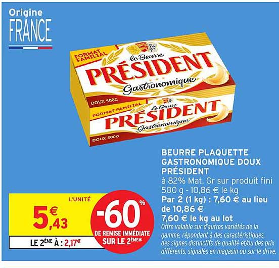 BEURRE PLAQUETTE GASTRONOMIQUE DOUX PRÉSIDENT