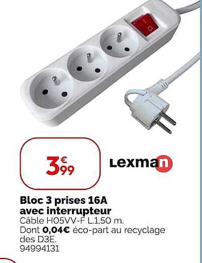 Bloc 3 prises 16A avec interrupteur
