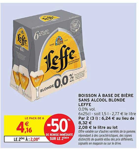 BOISSON À BASE DE BIÈRE SANS ALCOOL BLONDE LEFFE 0.0% vol. 6x25cl - soit 1,5 l